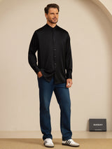 [Black] SilkSilky-CA Long Sleeve Stand Collar Men''s Shirt 008