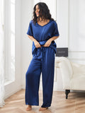 SilkSilky CA Pure Silk Short Sleeve V Neck Women's Pajamas DarkBlue 004