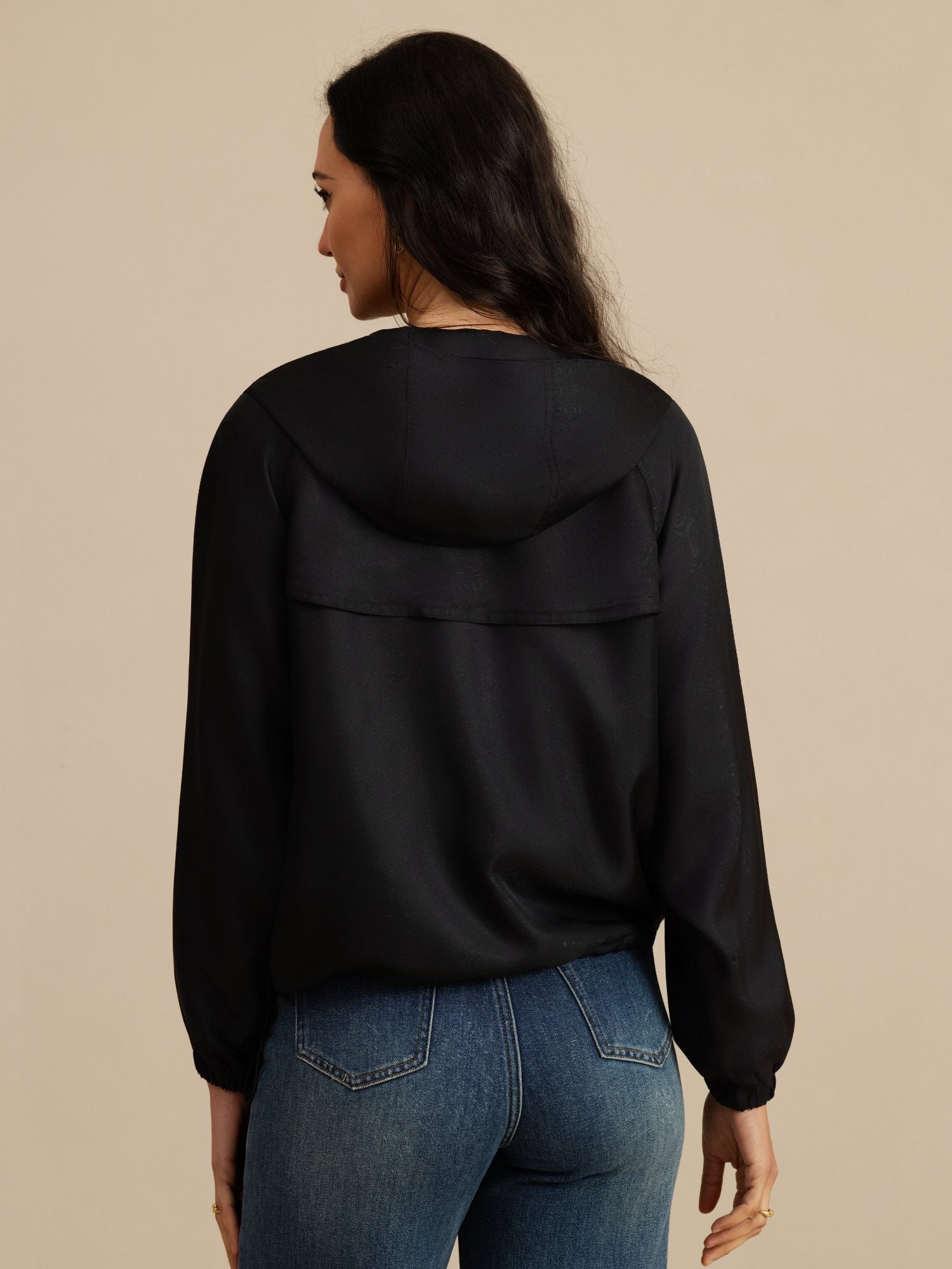 [Black] SilkSilky-CA Silk Satin Surah Long Sleeve High Neck Women's Outerwear 002