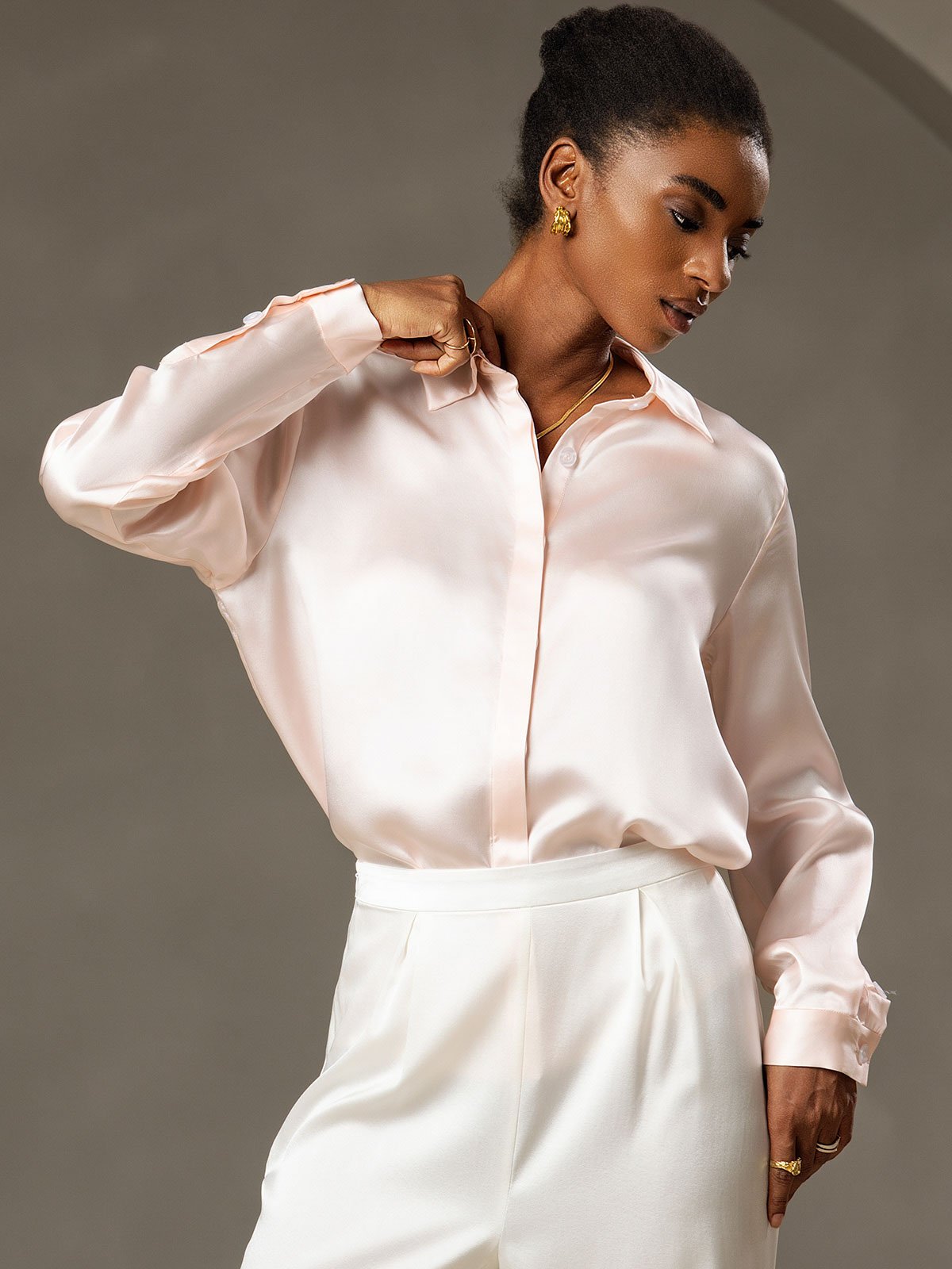 [Pink] SilkSilky-CA 19Momme Silk Long Sleeve Lapel Collar Women's Shirt 005