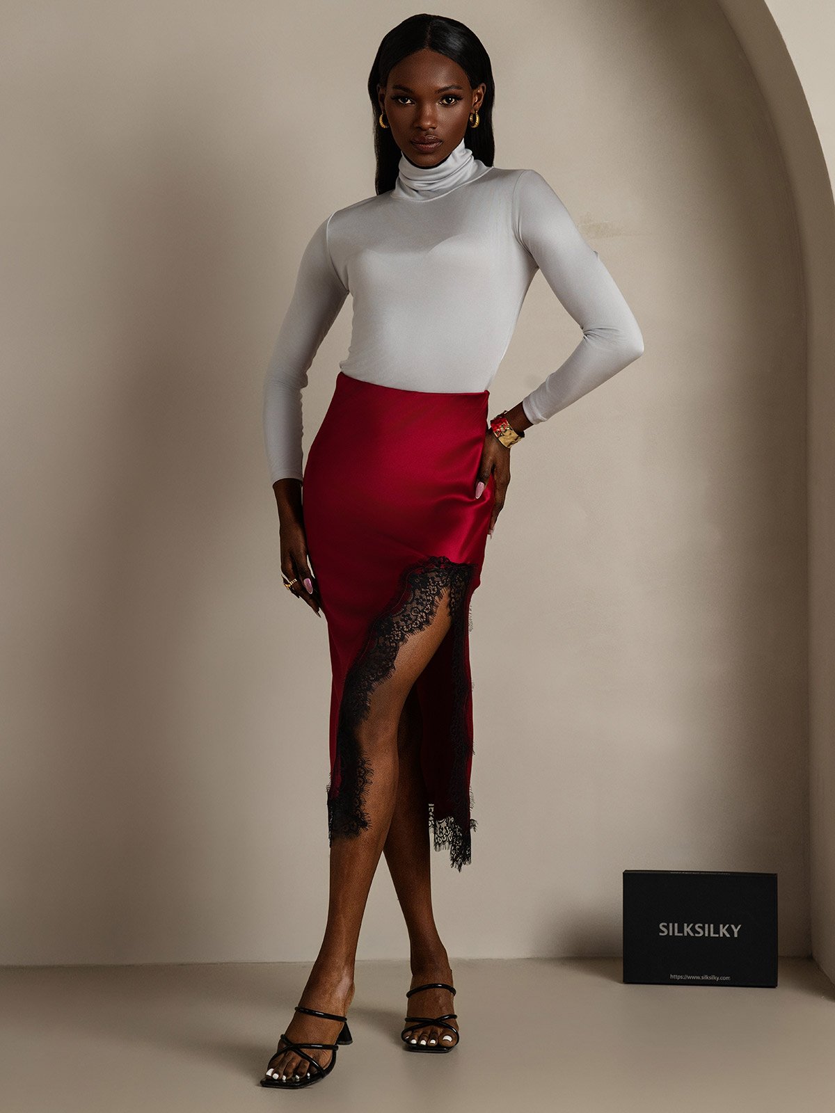 SilkSilky-CA 19Momme Silk Skirt Wine 001