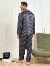 [Navy Chain] SilkSilky-CA 19Momme Long Sleeve Notch Collar Men's Pajamas 009