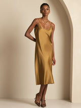 [Brown] SilkSilky-CA Spaghetti Strap U Neck Dress 001
