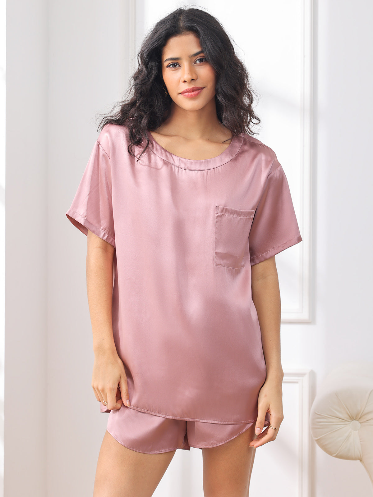 SilkSilky-CA Pure Silk Short Sleeve Round Neck Women's Pajamas PaleMauve 001