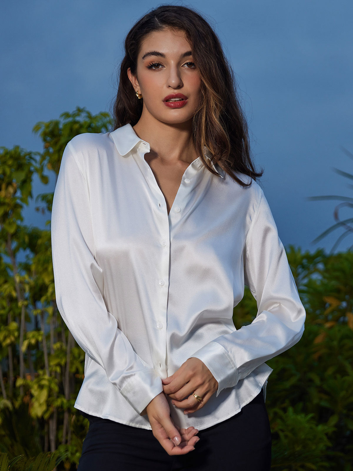 [White] SilkSilky-CA Silk Lapel Collar Women's Shirt 004