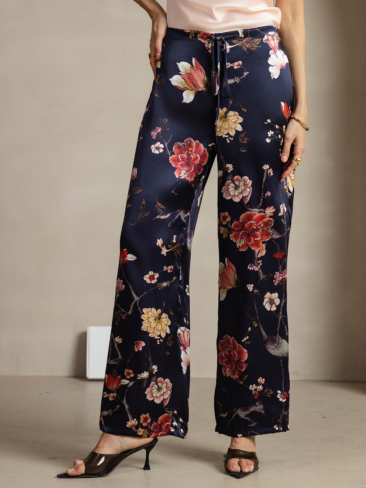 [Navy Floral] SilkSilky-CA 19Momme Silk Womens Pants 001