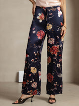 [Navy Floral] SilkSilky-CA 19Momme Silk Womens Pants 001