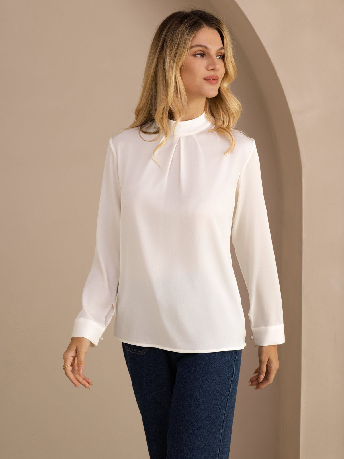 [White] SilkSilky-CA Long Sleeve Stand Collar Women's Blouse 001