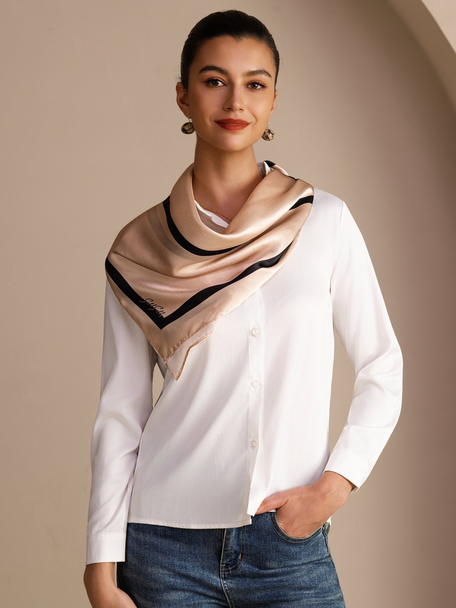 [Beige Square] SilkSilky-CA Scarf 002