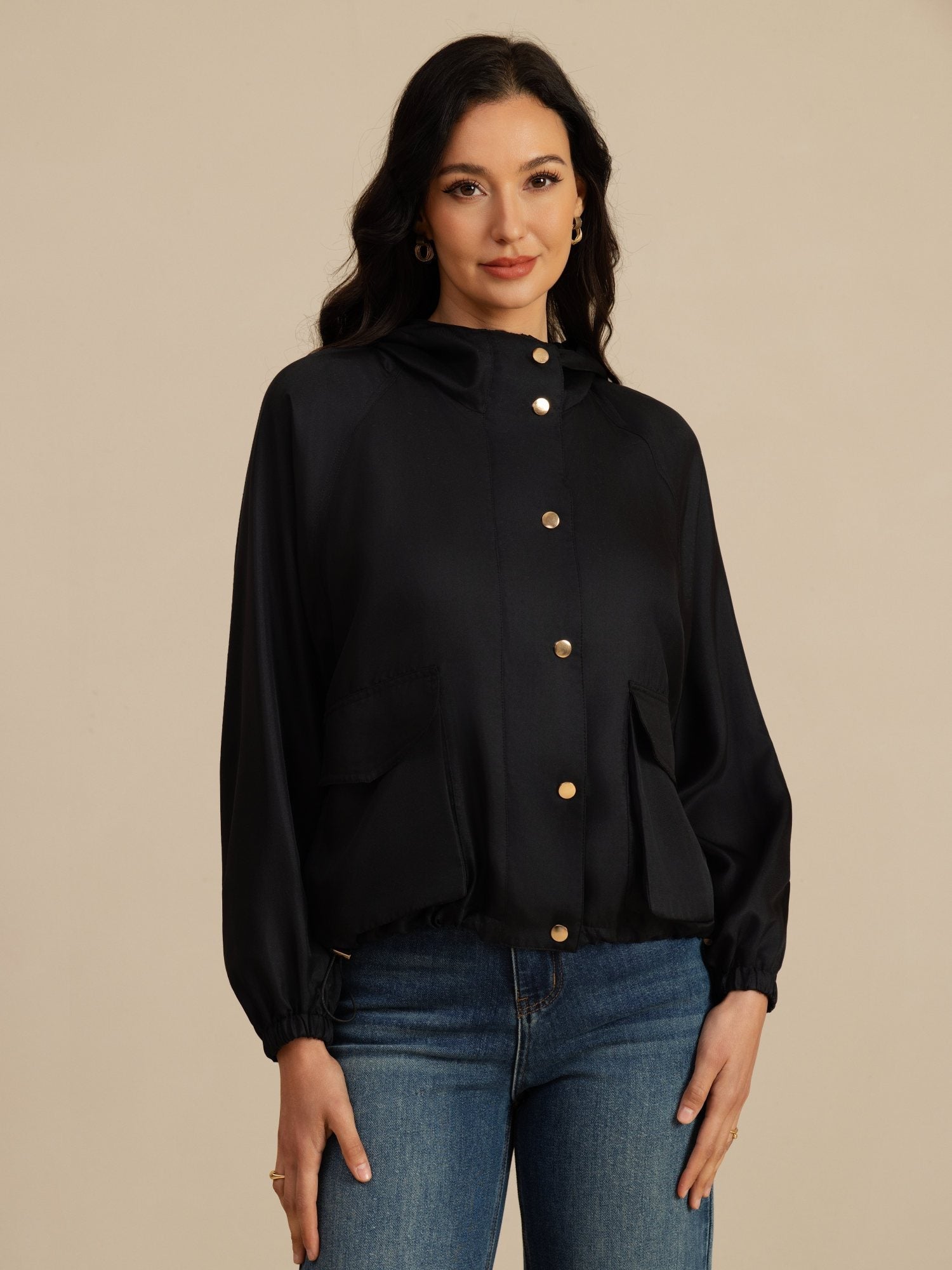 [Black] SilkSilky-CA Silk Satin Surah Long Sleeve High Neck Women's Outerwear 005