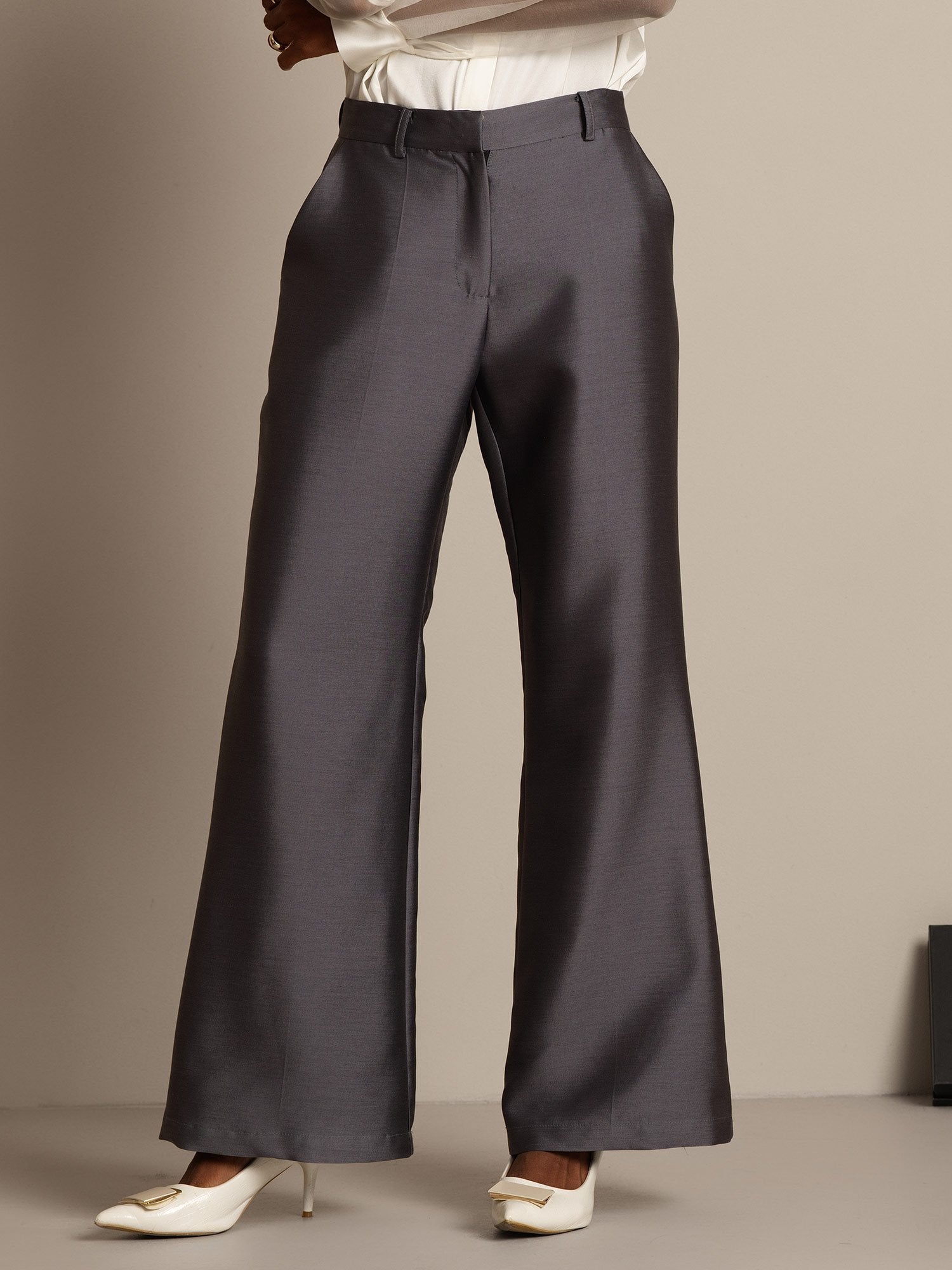 [Gray] SilkSilky-CA 32Momme Silk-Wool Blend Womens Pants 007,
