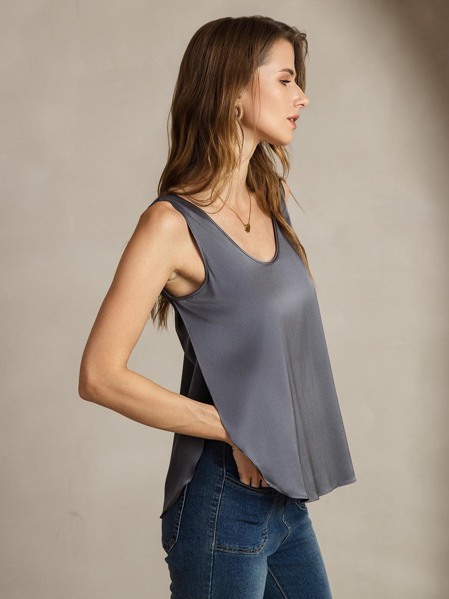 [DarkGray] SilkSilky-CA 19Momme Silk U Neck Women's T-Shirt 004
