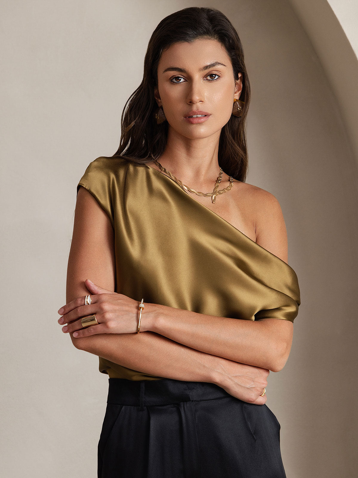 [Brown] SilkSilky-CA 19Momme Silk One Shoulder Women's T-Shirt 003