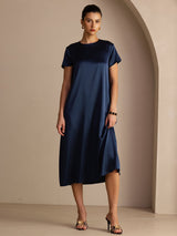 [Dark Blue] SilkSilky-CA Short Sleeve Round Neck Dress 003