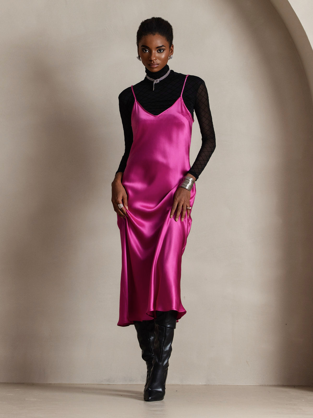 [Rose Red] SilkSilky-CA Pure Silk Round Neck Dress 006