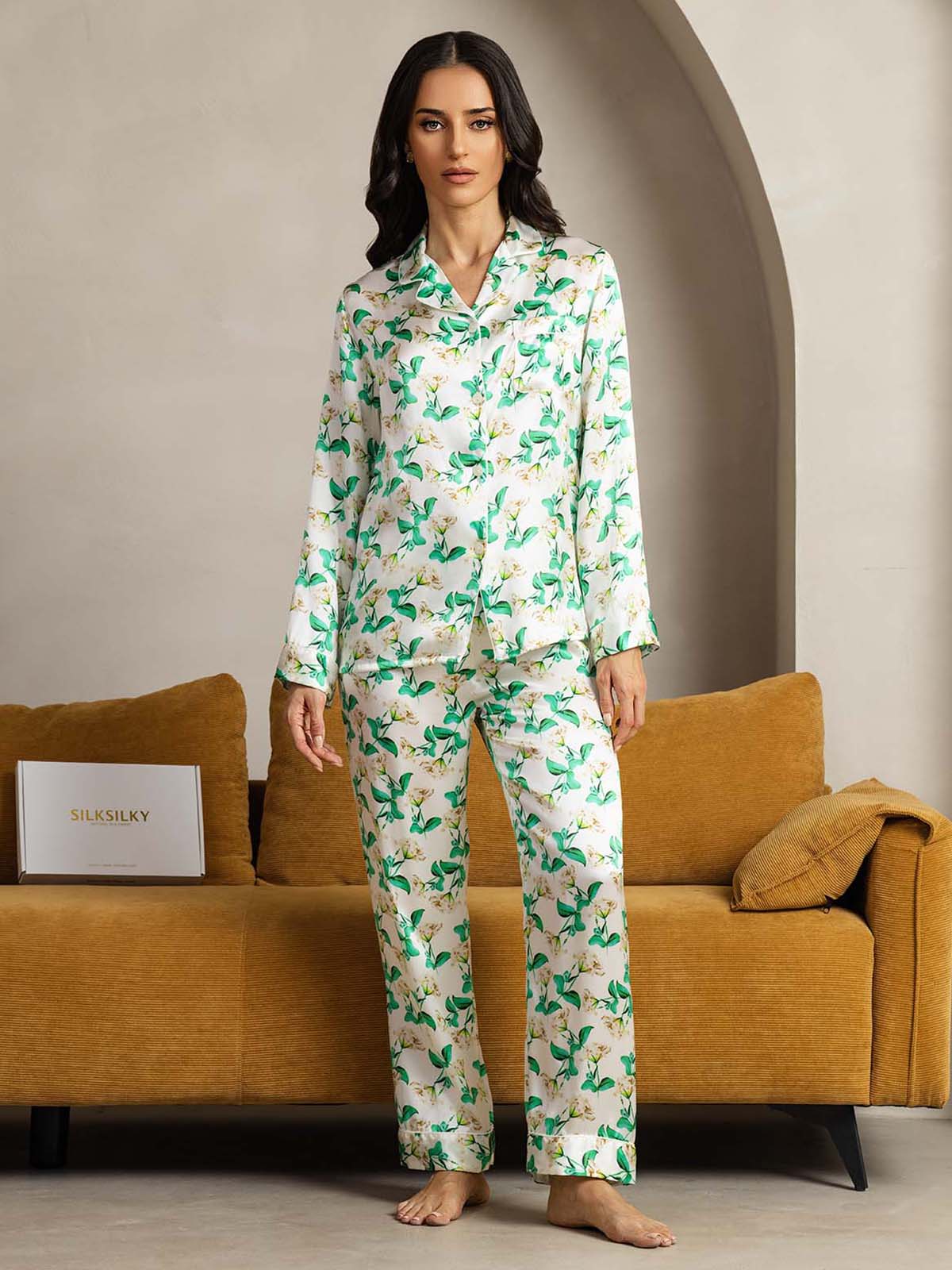 [Green Floral] SilkSilky-CA Pure Silk Womens Pajamas 006