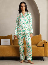 [Green Floral] SilkSilky-CA Pure Silk Notch Collar Women's Pajamas 002,