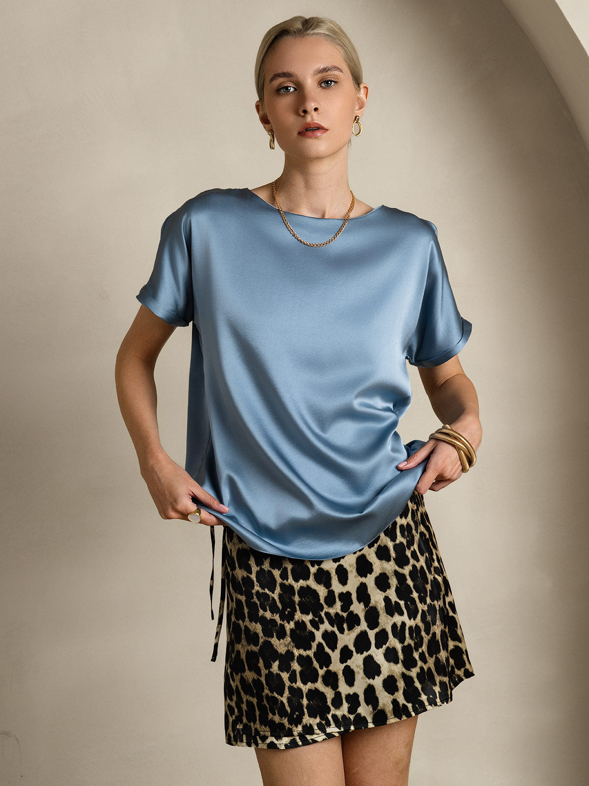[Grayish Blue] SilkSilky-CA 19Momme Silk Round Neck Women's T-Shirt 001