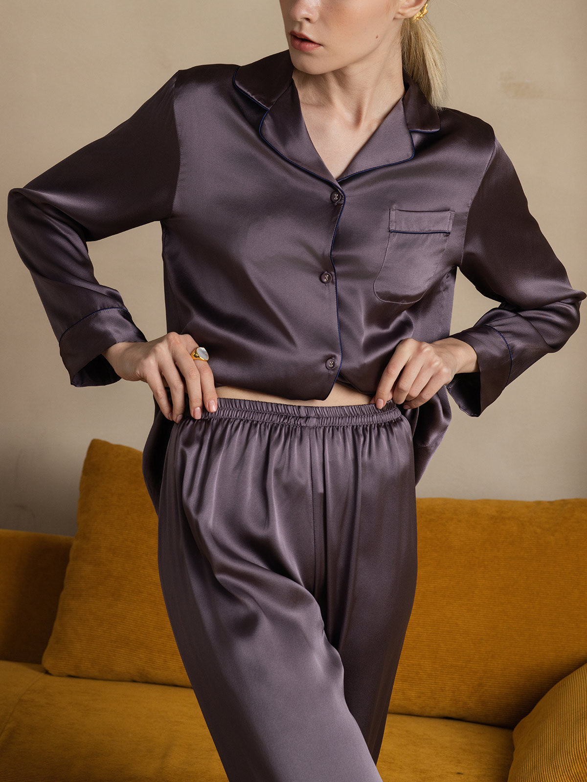 SilkSilky-CA Pure Silk Long Sleeve Lapel Women's Pajamas PurpleGray 008