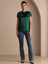 [Dark Green] SilkSilky-CA Short Sleeve Split Women's Blouse 005
