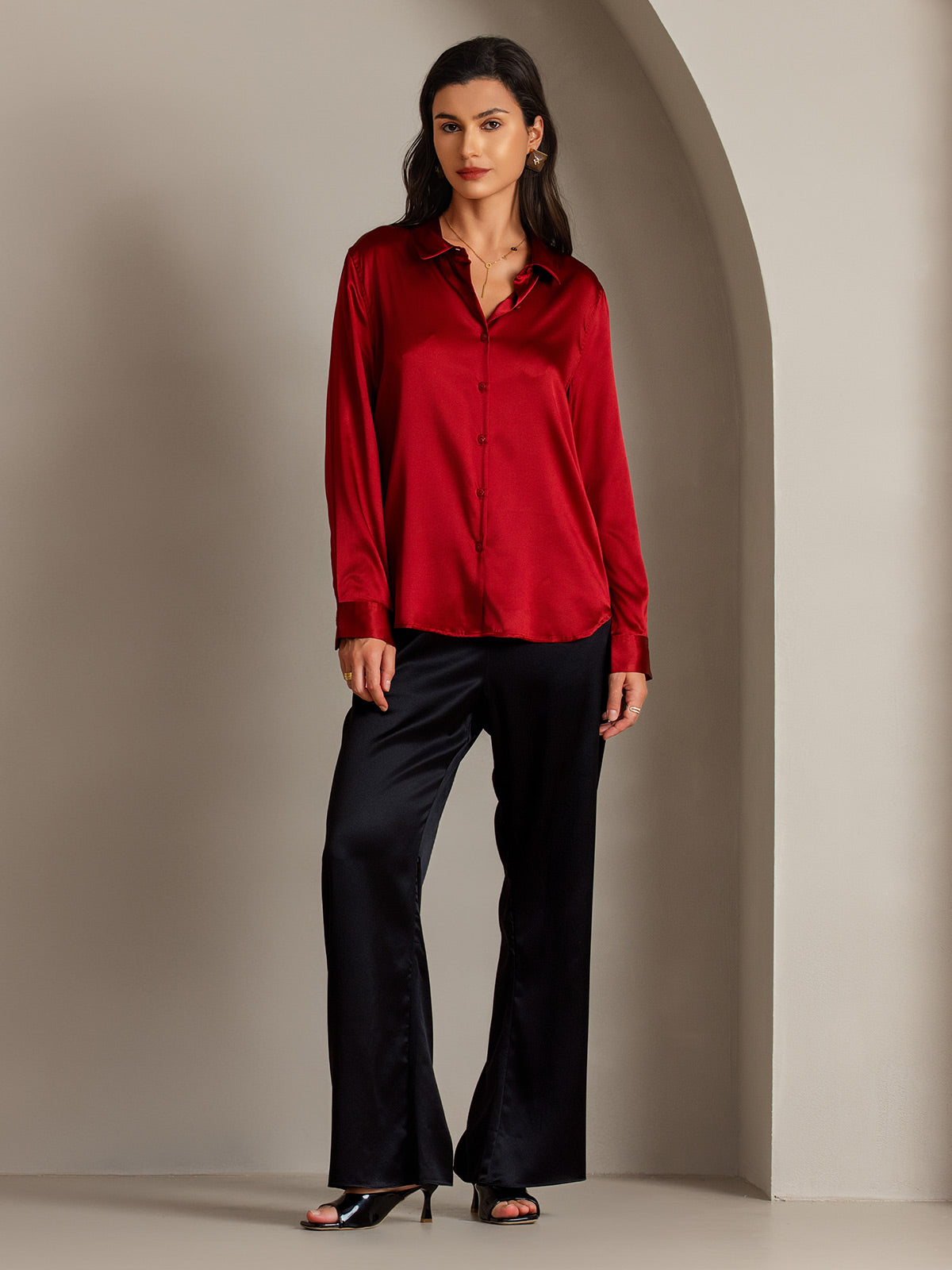 [Red] SilkSilky-CA Silk Lapel Collar Women's Shirt 005