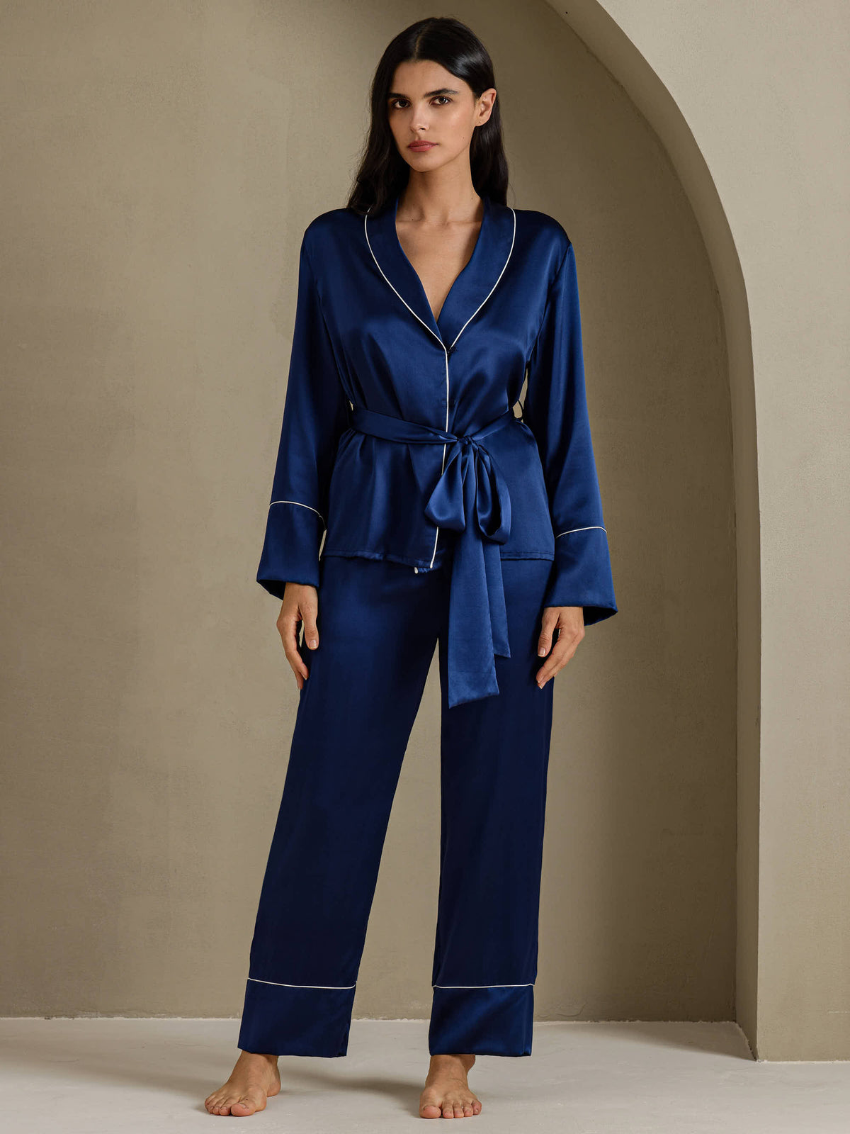 [Dark Blue] SilkSilky-CA Long Sleeve Shawl Collar Women's Pajamas 001