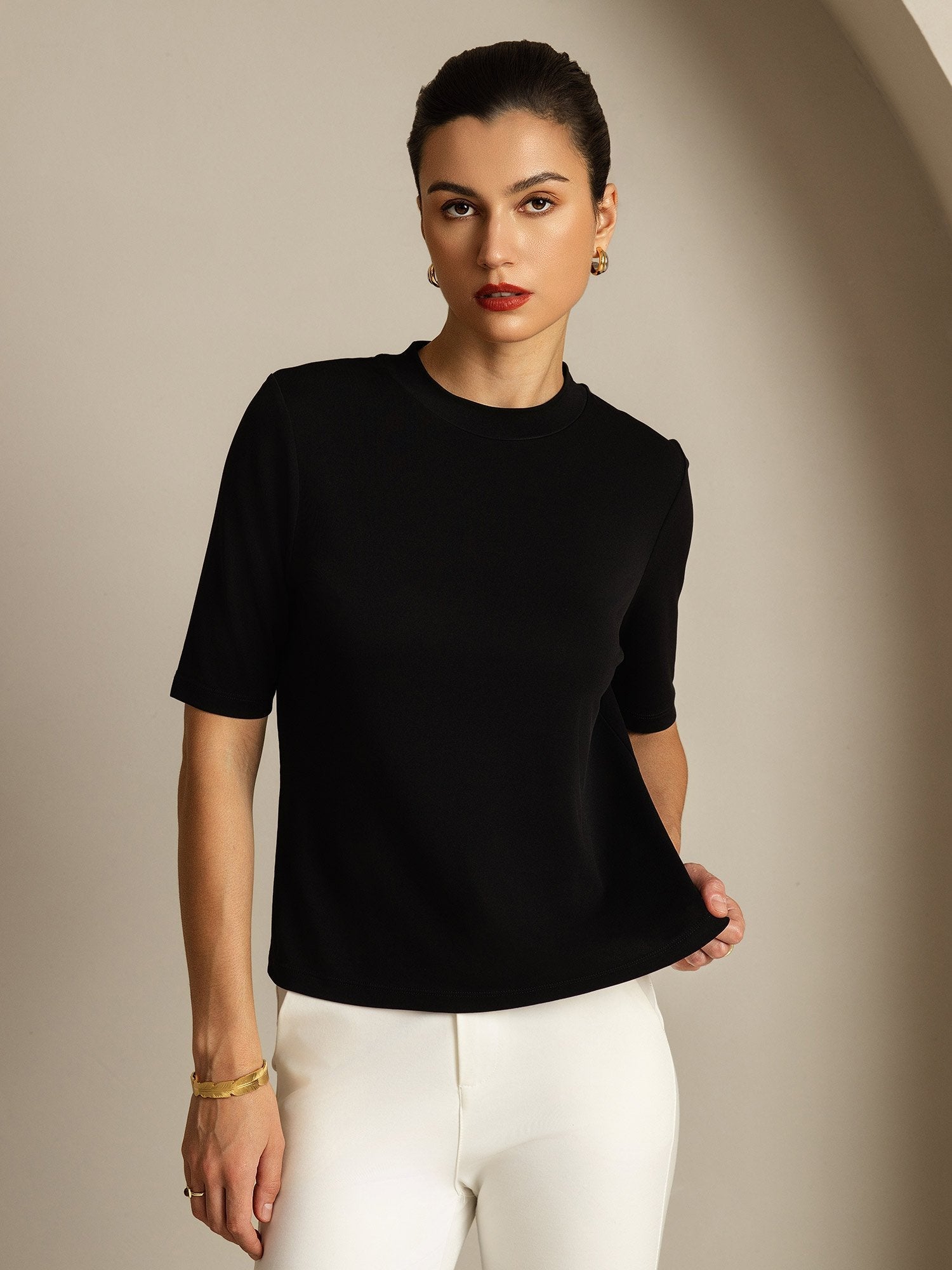 [Black] SilkSilky-CA Pure Silk Round Neck Women's T-Shirt 007