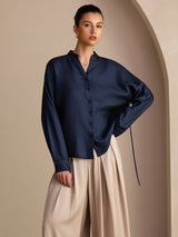 [Dark Blue] SilkSilky-CA Long Sleeve Split Women's Blouse 003
