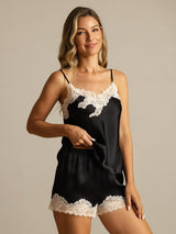 [Black] SilkSilky-CA Spaghetti Strap V Neck Camisole Set 006