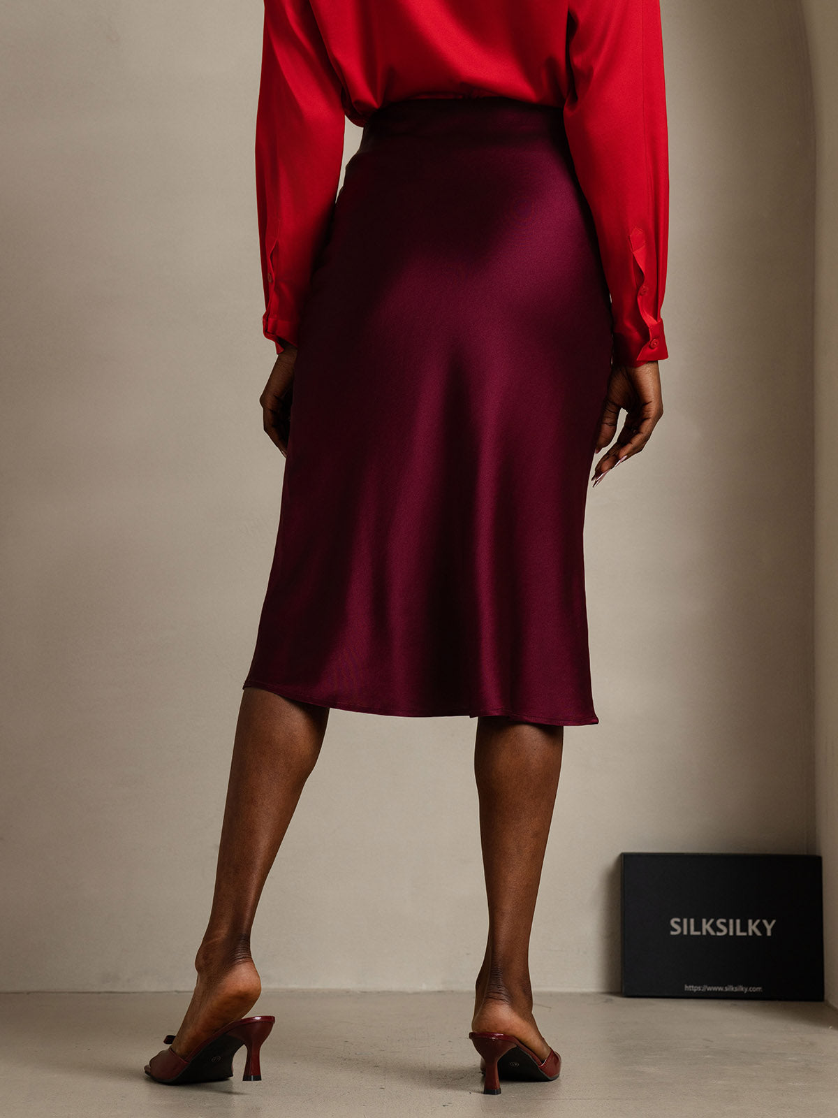 SilkSilky-CA 19Momme Pure Silk Skirt DarkRed 002