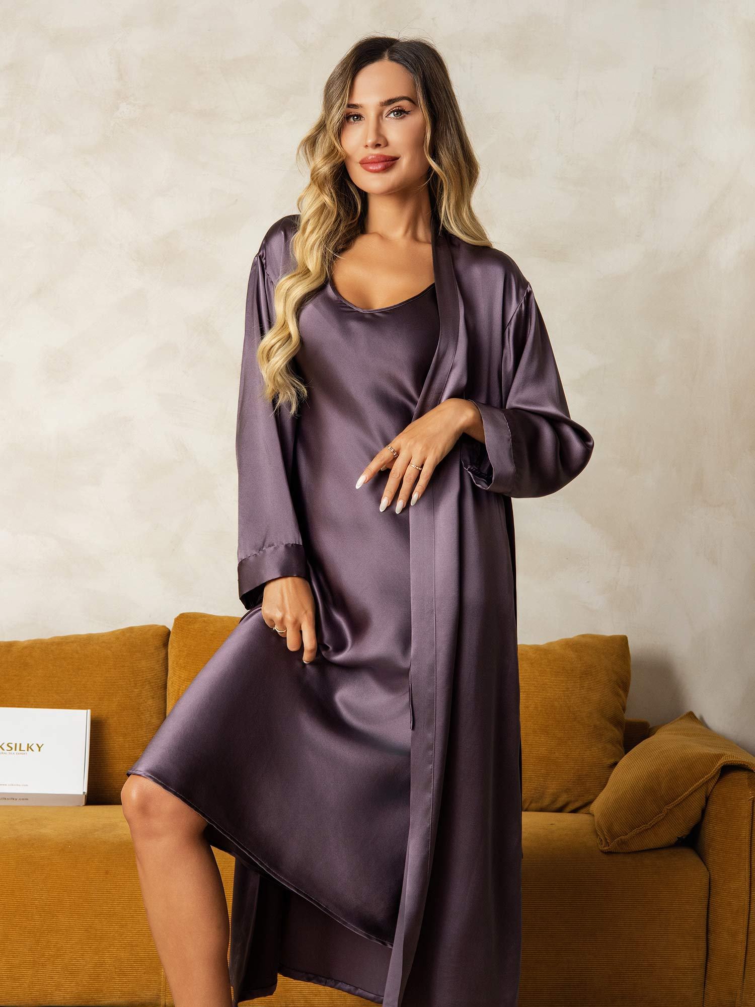 [PurpleGray] SilkSilky-CA Pure Silk V Neck Nightgown&Robe Set 003