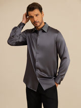 [Dark Gray] SilkSilky-CA 19Momme Stretch Silk Charmeuse Long Sleeve Lapel Collar Men's Shirt 004