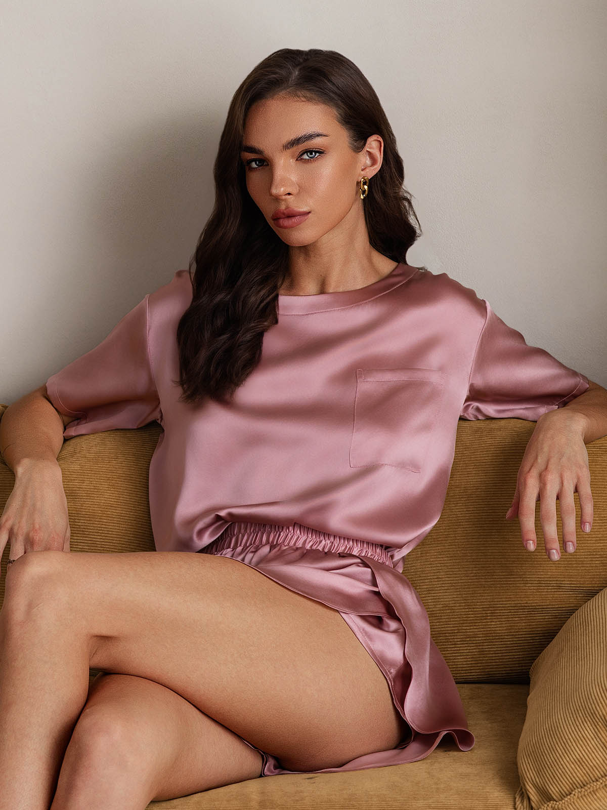 [Pale Mauve] SilkSilky-CA Pure Silk Round Neck Women's Pajamas 006