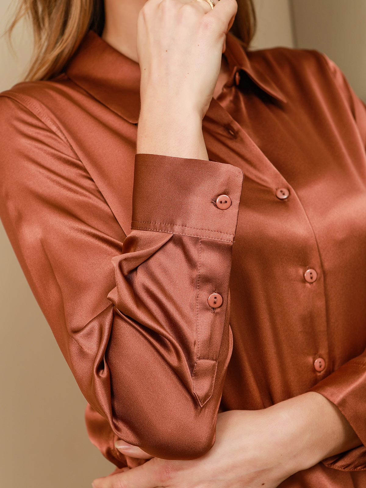 SilkSilky CA Silk Long Sleeve Collar Women's Shirt Coffee 005