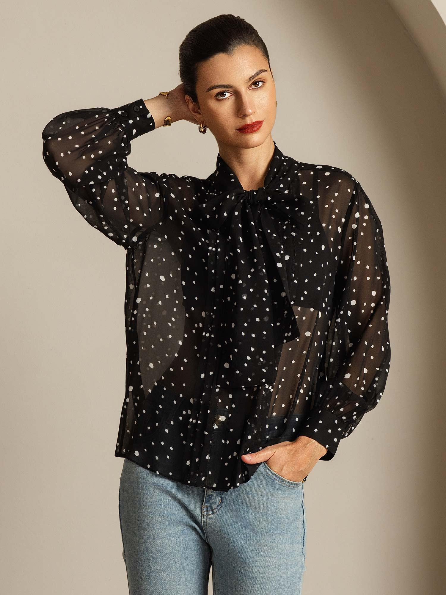 [PolkaDot] SilkSilky-CA Pure Silk Tie Neck Women's Shirt 007