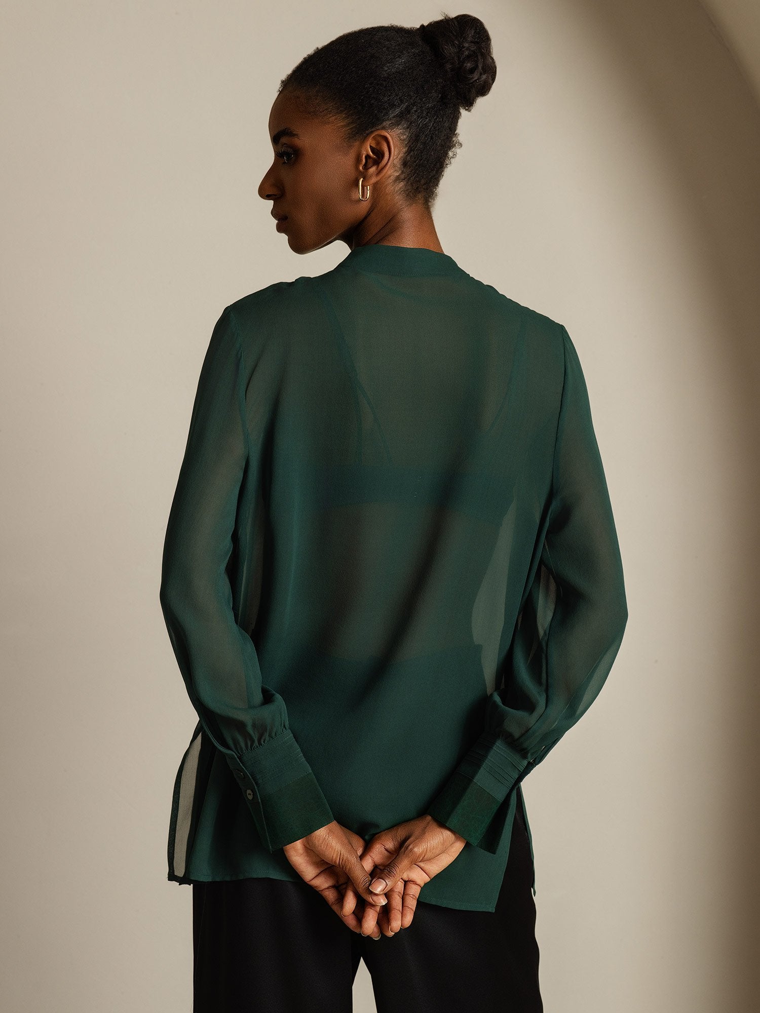 [Dark Green] SilkSilky-CA Pure Silk Split Women's Shirt 002