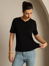 [Black] SilkSilky-CA 100% High-Twist Silk Jersey Short Sleeve V Neck Women's T-Shirt 003