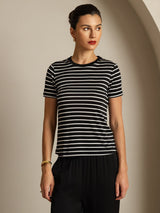 [Black Stripe] SilkSilky-CA Short Sleeve Crew Neck Women's T-Shirt 003