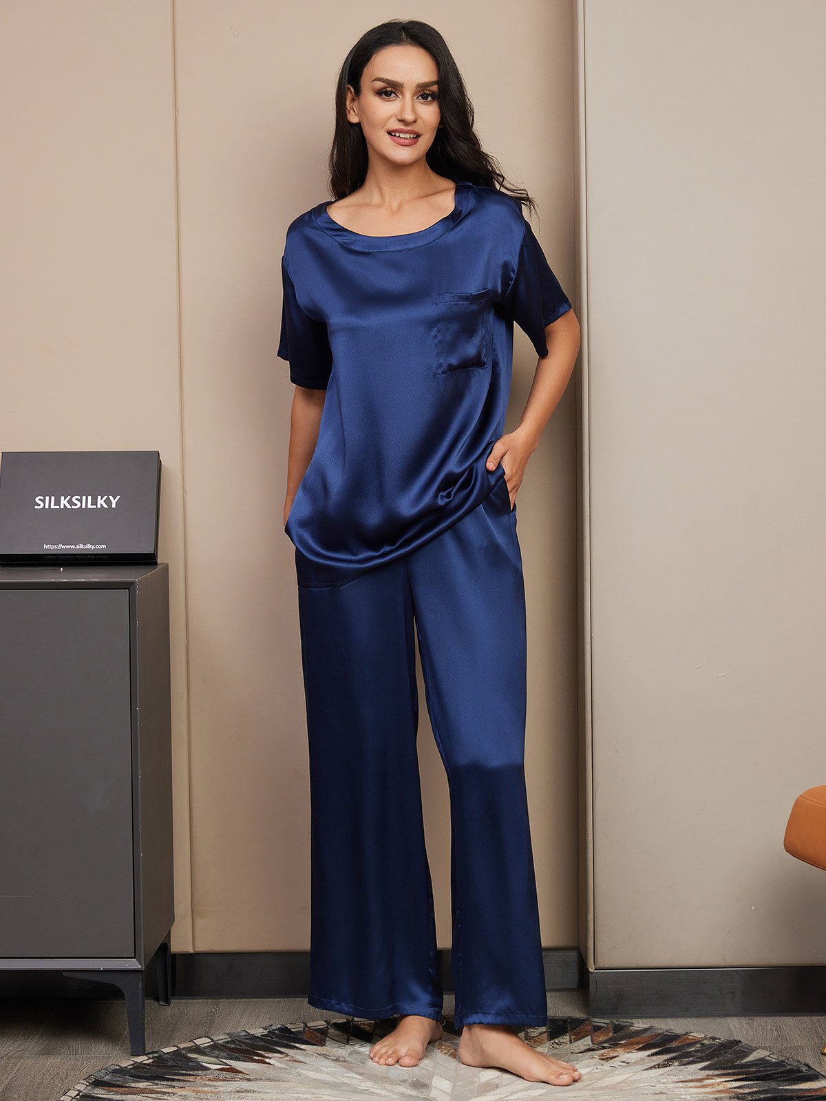 [Dark Blue] SilkSilky-CA Pure Silk Short Sleeve Womens Pajamas 003