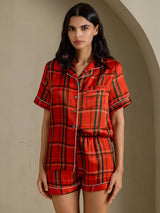 [Red Plaid] SilkSilky-CA Short Sleeve Notch Collar Women's Pajamas 003