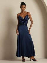 [Dark Blue] SilkSilky-CA 19Momme Stretch Silk Charmeuse Spaghetti Strap Cowl Neck Women''s Outfit Sets 003