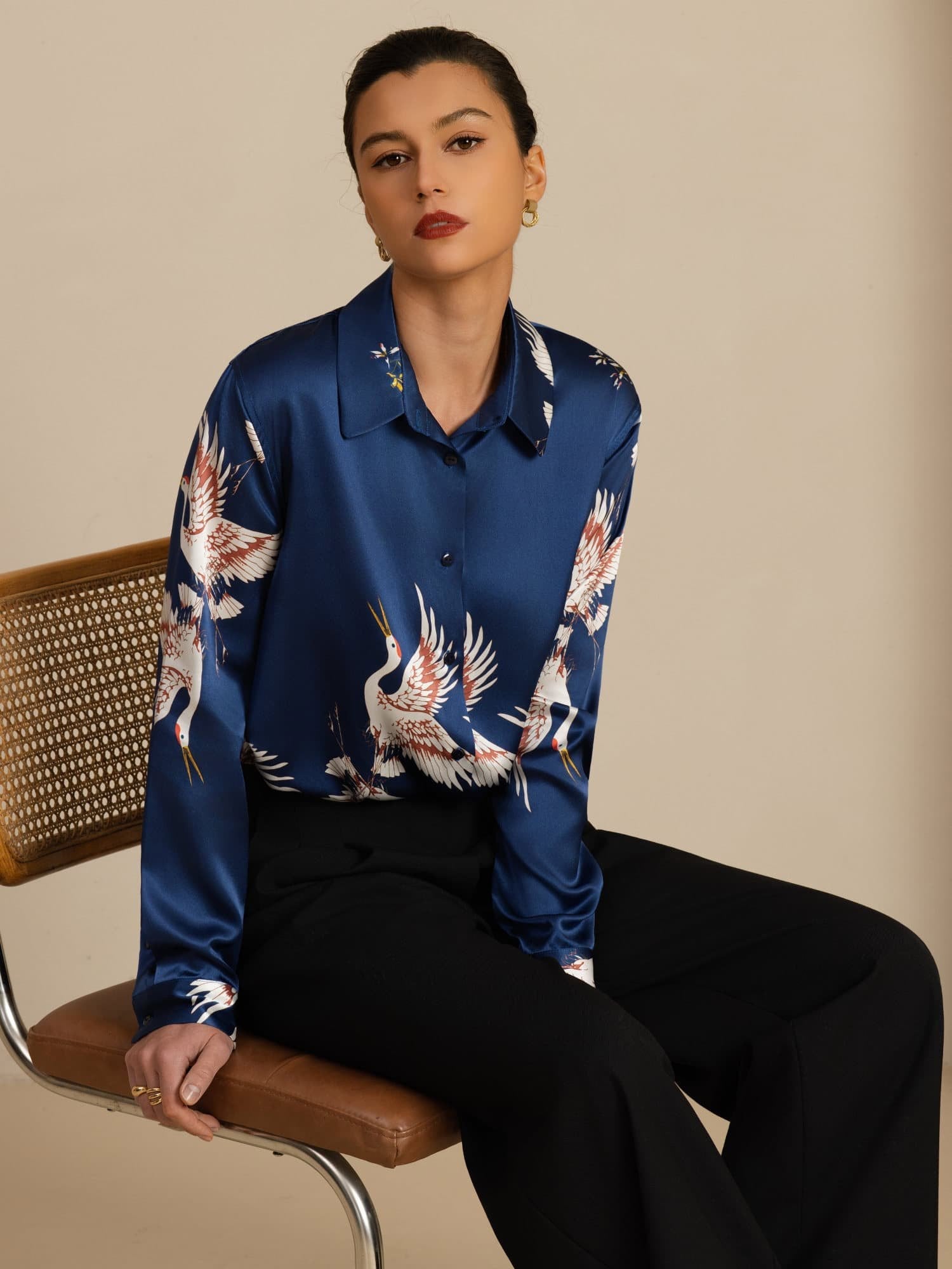 [Dark Blue] SilkSilky-CA 19Momme Long Sleeve Lapel Collar Women's Shirt 001