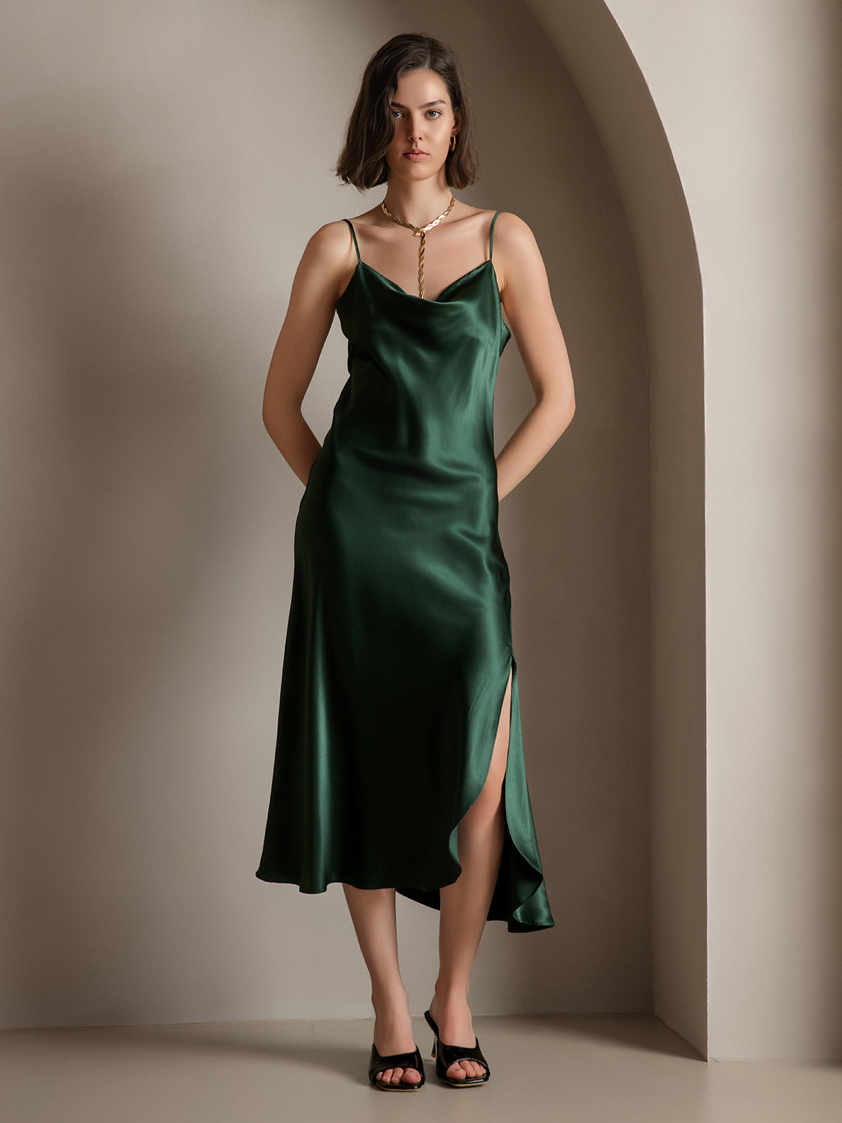 [Dark Green] SilkSilky-CA 19Momme Pure Silk Cowl Neck Dress 005