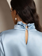 [Grayish Blue] SilkSilky-CA 19Momme Silk Keyhole Neck Women's Shirt 005