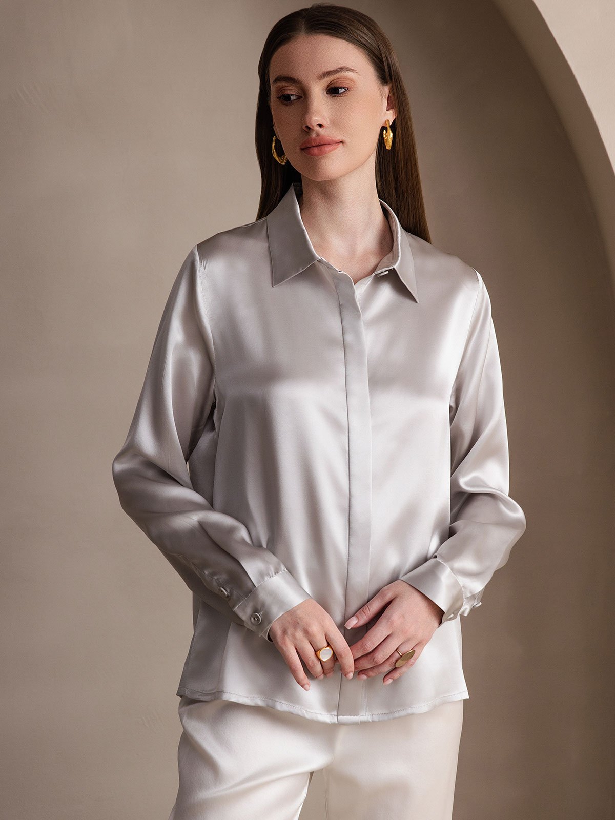 [Light Gray] SilkSilky-CA 19Momme Silk Long Sleeve Lapel Collar Women's Shirt 004