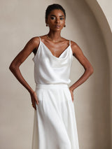[White] SilkSilky-CA 19Momme Stretch Silk Charmeuse Spaghetti Strap Cowl Neck Camisole 004