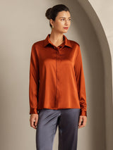 [Caramel] SilkSilky-CA 19Momme Stretch Silk Charmeuse Long Sleeve Lapel Collar Women's Shirt 005