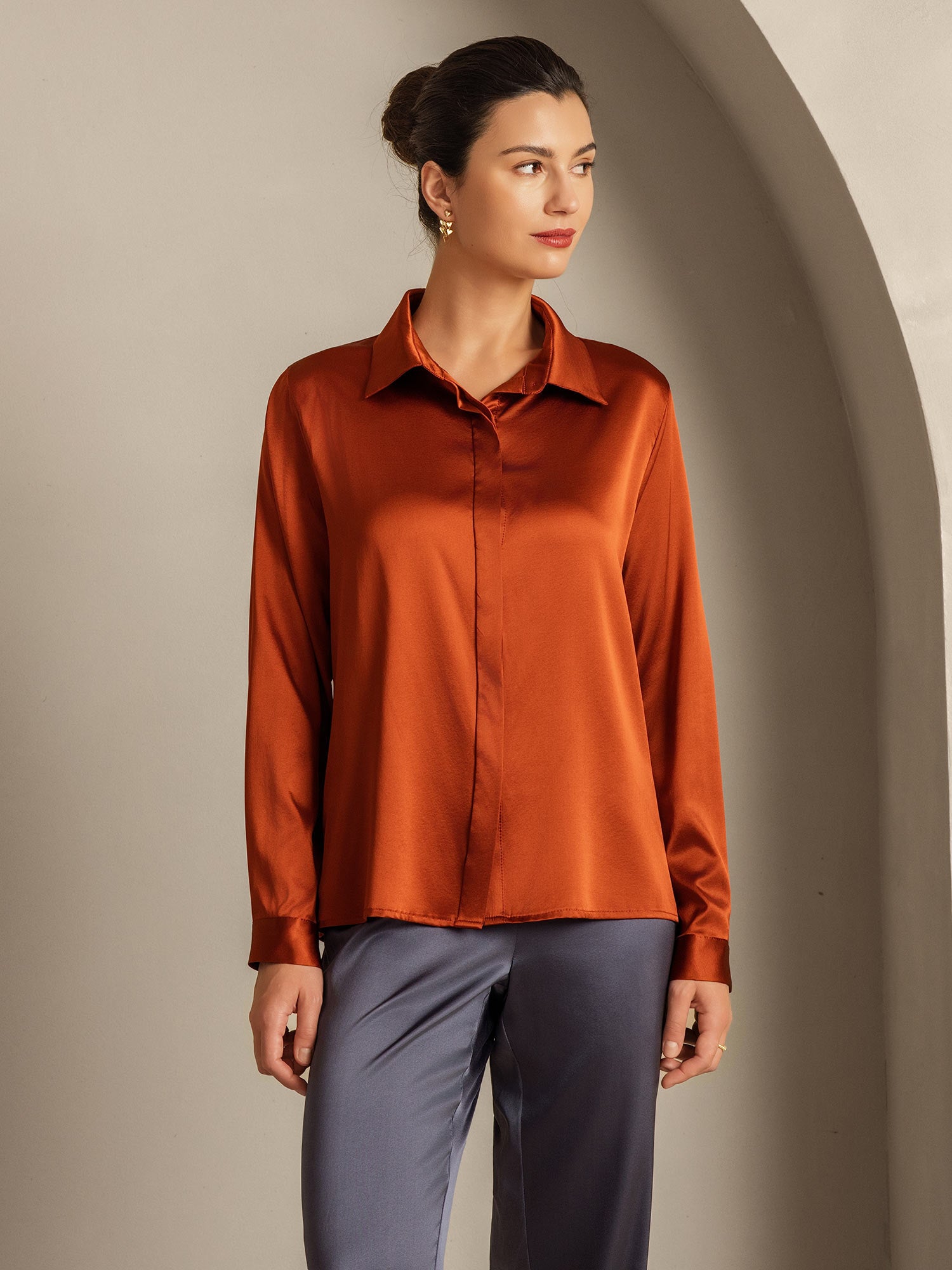 [Caramel] SilkSilky-CA 19Momme Silk Lapel Collar Women's Shirt 005
