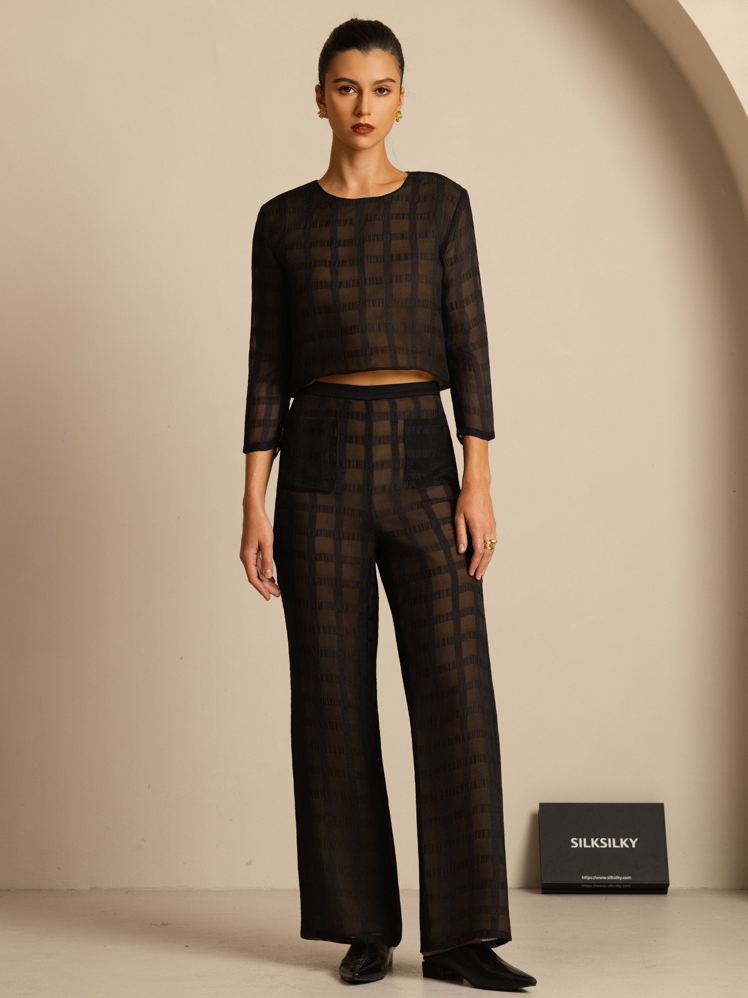 [Black] SilkSilky-CA Pure Silk Long Sleeve Round Neck Women''s Outfit Sets 001