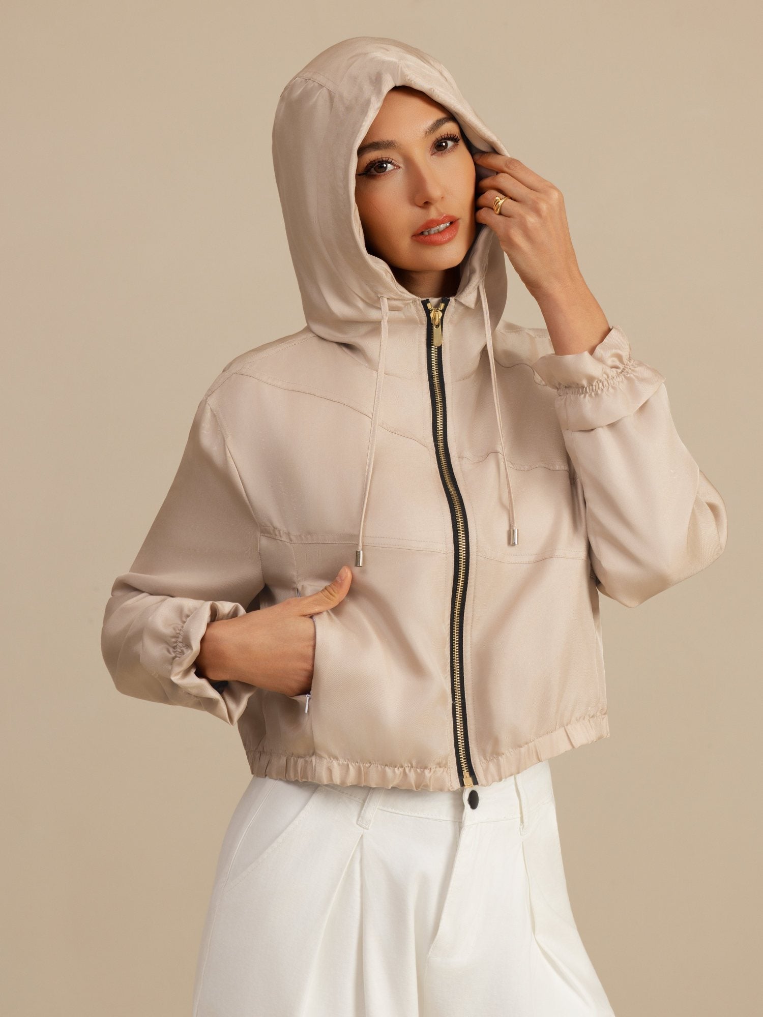 [Tan] SilkSilky-CA 18Momme Silk Satin Surah Long Sleeve High Neck Women's Outerwear 001